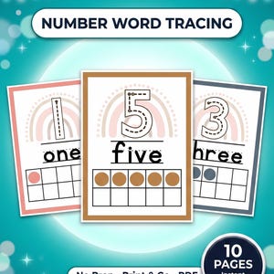 Puede incluir: Tres tarjetas educativas de trazado de palabras numéricas con los números uno, cinco y tres. Cada tarjeta presenta un diseño de arcoíris, un número y la palabra correspondiente. Las tarjetas también incluyen un marco de diez para practicar el conteo. El texto "Number Word Tracing" está en la parte superior.