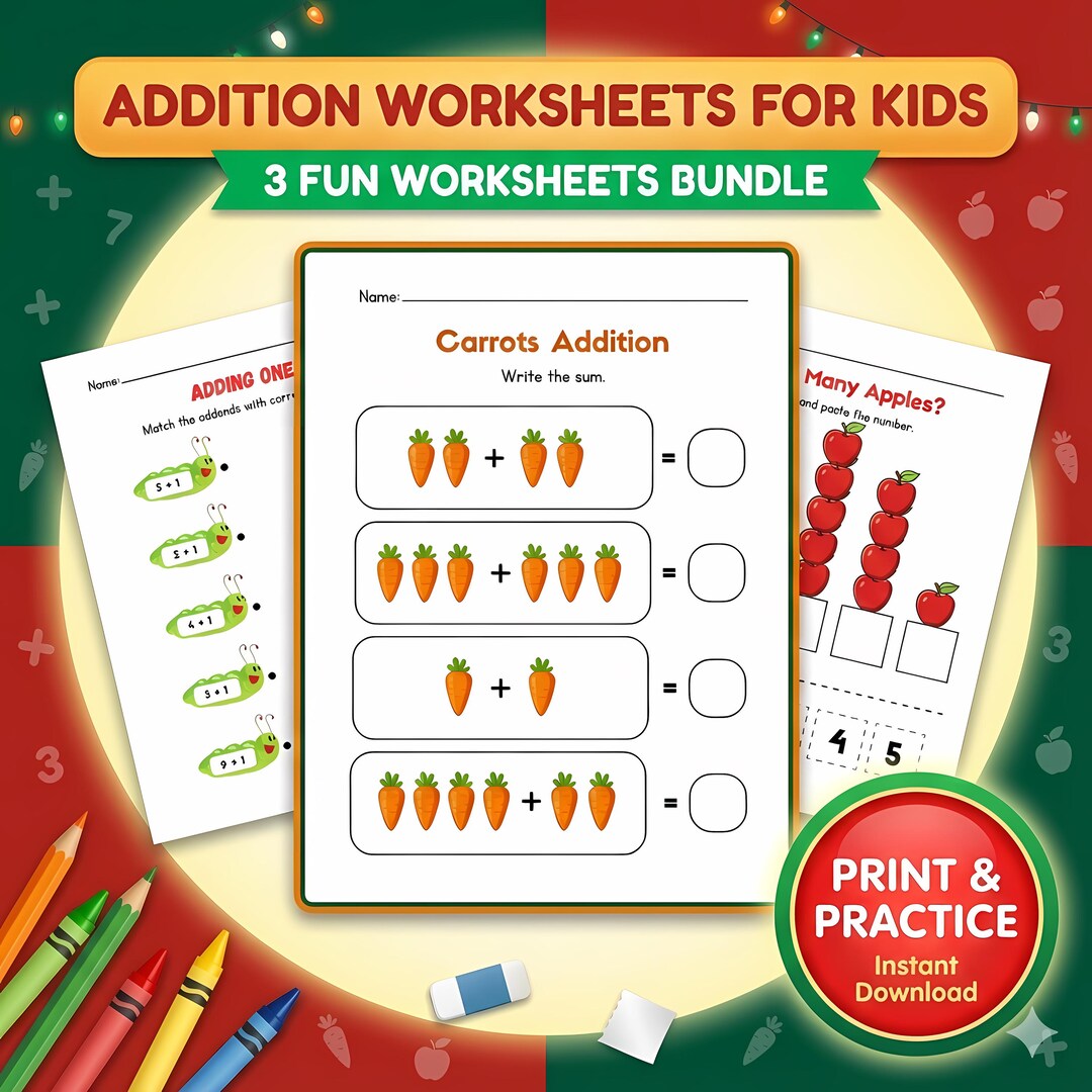 Addition Worksheets for Kids Printable, 3 Fun Math Worksheets Bundle ...