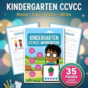 Puede incluir: Un cuaderno de trabajo para niños titulado "KINDERGARTEN CCVCC WORKBOOK" con el texto "Read • Tap • Trace • Write". La portada presenta un niño de dibujos animados y una imagen de una planta. El cuaderno incluye 35 páginas.