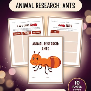 Może przedstawiać: Drukowane zasoby edukacyjne zatytułowane "ANIMAL RESEARCH: ANTS". Okładka przedstawia kreskówkową mrówkę i tytuł. Zawiera wykres K-W-L i strony z ćwiczeniami. Tekst brzmi "No Prep • Print & Go • PDF" i "10 PAGES Instant Download."