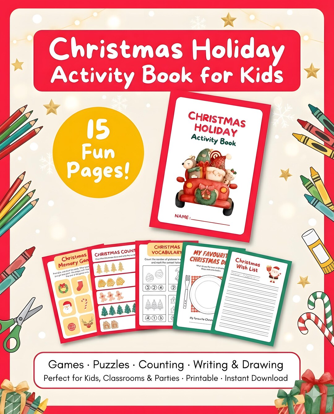 Christmas Holiday Activity Book for Kids Printable PDF 15 Games — free download