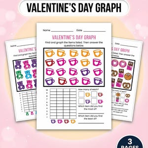May include: Three-page Valentine's Day graph printable with the text "VALENTINE'S DAY GRAPH". The pages feature graphs with images of teddy bears, coffee cups, donuts, and pretzels. The bottom of the image reads "No Prep • Print & Go • PDF" and "3 PAGES Instant Download".