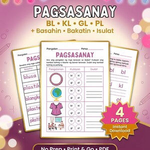 May include: A digital worksheet titled "Pagsasanay" with exercises for Filipino language learners. The worksheet features illustrations and fill-in-the-blank sections for practicing consonant clusters. The image includes the text "4 Pages Instant Download".