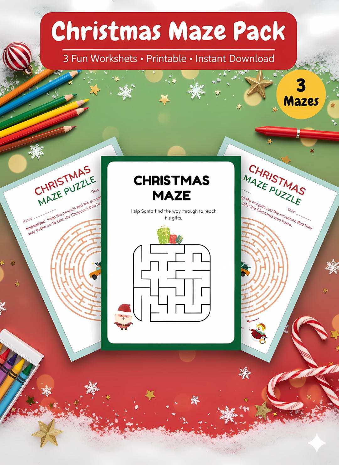 Christmas Maze Pack for Kids Printable PDF | 3 Fun Maze Worksheets ...