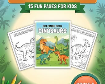 Livro de colorir de dinossauros para crianças, 15 páginas para colorir de dinossauros para imprimir, atividade para crianças pequenas e em idade pré-escolar, download instantâneo