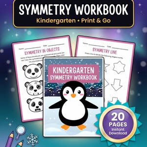 以下が含まれることがあります： ペンギンのイラストが描かれた、子供向けの対称性ワークブック。表紙には「SYMMETRY WORKBOOK Kindergarten Print & Go」と書かれています。ワークブックには対称性の練習問題が含まれており、20ページあります。