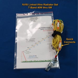 May include: A NVIS Linked Wire Radiator Set, 7-Band 40M thru 6M, is displayed. The set includes a bundle of yellow wires with orange quick connects, a black strap, and a diagram in a clear plastic bag. The diagram details the wire radiator.