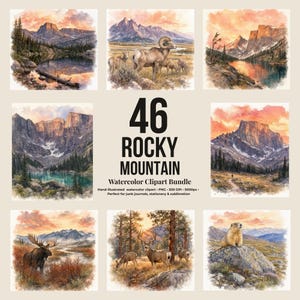 May include: A digital collection of 46 Rocky Mountain watercolor illustrations featuring mountain landscapes, a bighorn sheep, a moose, deer, and a marmot, with the text 46 ROCKY MOUNTAIN Watercolor Clipart Bundle displayed in the center.