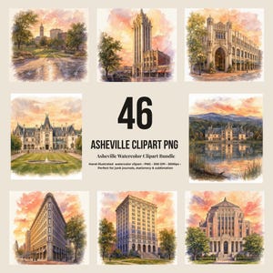 May include: A digital collection of 46 Asheville watercolour clipart PNG files featuring various architectural landmarks and buildings. The text reads 46 ASHEVILLE CLIPART PNG, Asheville Watercolour Clipart Bundle, hand-illustrated watercolour clipart.