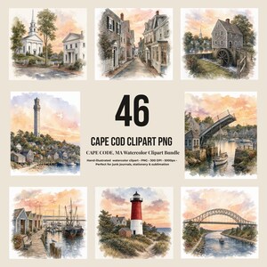 Op de afbeelding: Een digitale collectie van 46 aquarelillustraties van Cape Cod met kusttaferelen, vuurtorens, historische gebouwen, bruggen en havens. De tekst luidt 46 CAPE COD CLIPART PNG, CAPE CODE, MA Watercolor Clipart Bundle, handgeïllustreerd.