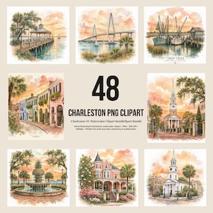 May include: A digital collection of 48 Charleston watercolor clipart images featuring landmarks like the Ravenel Bridge, Shem Creek, Rainbow Row, and historic churches. The set includes various scenes of coastal architecture and scenery in soft tones.