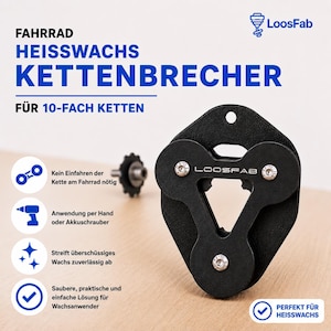 Könnte beinhalten: Ein schwarzes LoosFab Fahrrad-Heisswachs-Kettenbrecher-Werkzeug für 10-fach Ketten. Das Gerät besteht aus einem dreieckigen Rahmen mit drei kreisförmigen Rollen, die mit Metallschrauben befestigt sind. Text auf dem Bild: FAHRRAD HEISSWACHS KETTENBRECHER FÜR 10-FACH KETTEN.