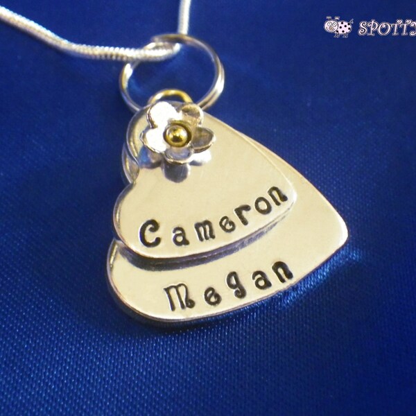 Personalized Two Heart Necklace: Hand Stamped Names, Mothers Gift
