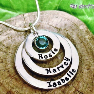 Personalised 3 Ring Birthstones Necklace, Hand stamped  Gift Mother Mum