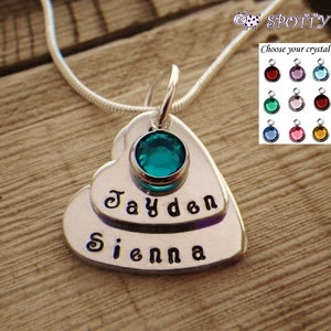 Personalised Children&#39;s Names 2 Heart Necklace, Mothers Grandma&#39;s etc Gift, Hand Stamped Present  Gift