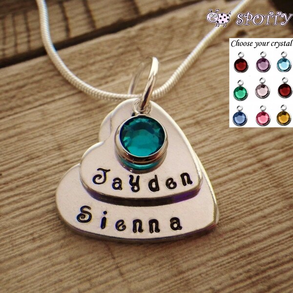 Personalised Children's Names 2 Heart Necklace, Mothers Grandma's etc Gift, Hand Stamped Present  Gift