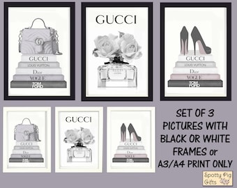 Fashion Prints Wall Art Set of 3 Shoes Perfume Handbag Grey A3 OR A4 Framed Picture Poster