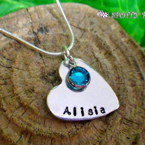 Hand Stamped Heart Necklace: Personalized Name & Birthstone