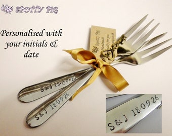 2 Personalised Initials & Date Hand Stamped Wedding or Celebration Cake Forks, Cutlery, Engagement, Birthday  Gift