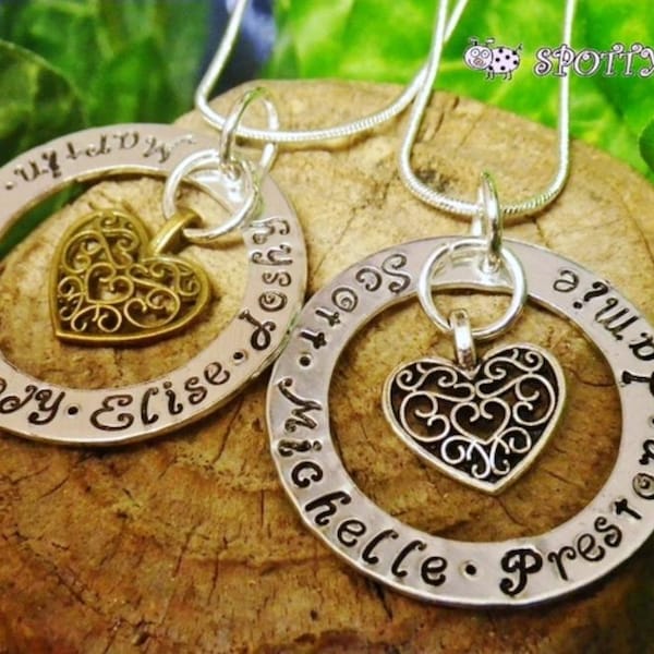 Personalised Hand Stamped Family Names Heart Necklace, Gift Mothers Grandma etc  Gift Mother