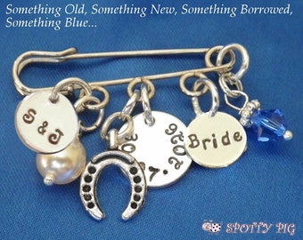 Personalised Brides Wedding Charm Pin or Brooch, Something old new borrowed blue, Hand Stamped, Swarovski Crystal & Pearl  Gift