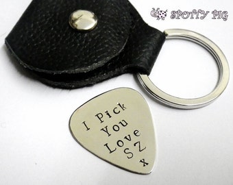 Personalised Gift Initials & I Pick You Guitar Pick Plectrum Keyring with Pouch GIFT Guitarist FATHERS DAY  Gift