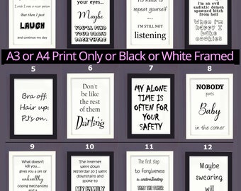 May include: Twelve black and white framed prints with humorous and motivational quotes. The prints are arranged in a grid of four rows and three columns. Each print has a number from 1 to 12 in the top right corner.