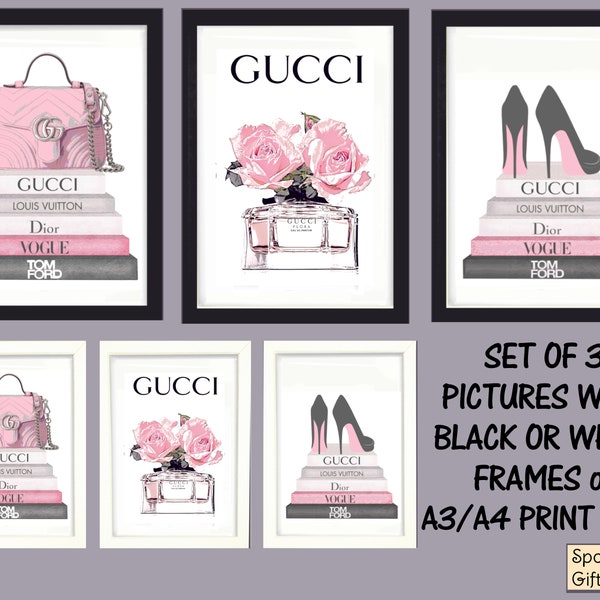 Fashion Prints Wall Art Set of 3 Shoes Perfume Handbag Pink A3 OR A4 Framed Picture Poster