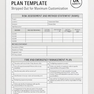 May include: A white document titled "RAMS & FIRE/EMERGENCY PLAN TEMPLATE" with a UK Safety logo. The document includes sections for risk assessment, method statements, and a fire and emergency management plan.