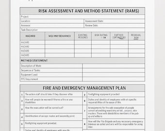 RAMS Template UK, fire safety plan, editable risk assessment of method statement, word and PDF, hse compliant.