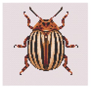 May include: Cross-stitch pattern of a striped beetle in shades of brown, black, and cream. The insect has six legs and two antennae. The cross-stitch is on a white background.
