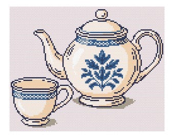 Patroon vintage theepot en kopje – kruissteek-pdf