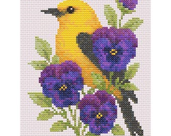 Golden Oriole Cross Stitch Pattern: Bird & Floral Design (PDF Downloadable