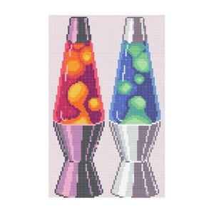 May include: Cross-stitch pattern featuring two lava lamps. One lamp has a red and orange lava design, the other has a blue and green lava design. The bases are silver and purple.
