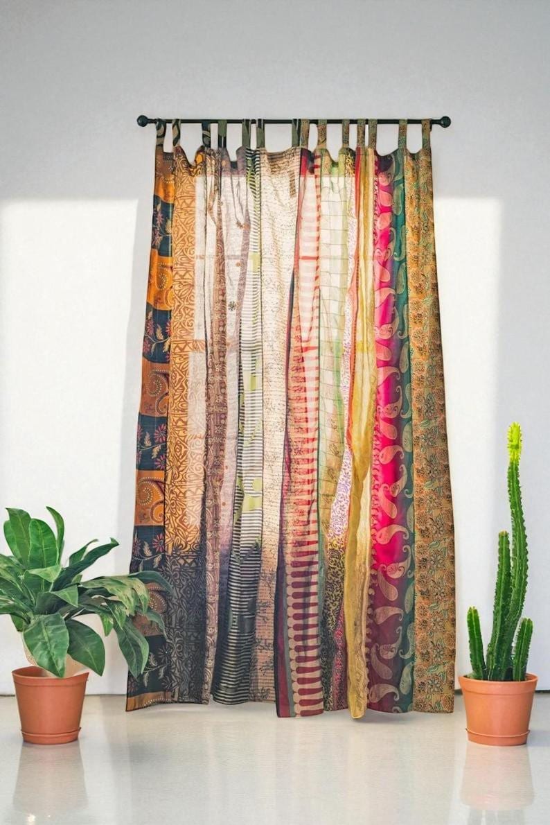 Indian Handmade Vintage Silk Saree Curtain, Bohemian Curtains, Boho Style, Ethical Furnishing, Boho Curtains, Home Decor Curtains