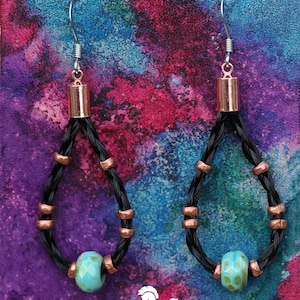 Horse Hair Earrings with Copper and faceted turquoise colored beads - Horsehair Jewelry - Cow Hair - Horsehair Earrings