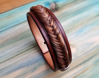 Horse Hair and Leather Bracelet - with Braided Horsehair - Horse Hair Bracelet - Horsehair Jewelry - Leather Cuff