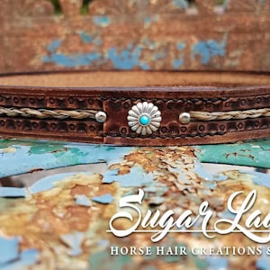 Horse Hair and 3/4&quot; Stamped Leather Hatband - Braided Horsehair - Hat Band - Horse hair jewelry
