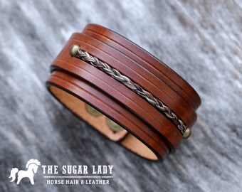 Horse Hair and Leather Cuff - Braided Horsehair Inlay Leather Bracelet - Horse Hair Bracelet - Horsehair jewelry