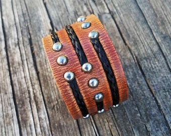 Horse Hair and Leather Cuff Bracelet with Embedded  Horsehair