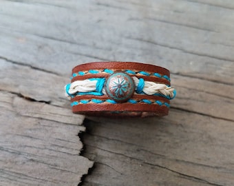 Horsehair and Leather Ring with Turquoise Thread - Boho Accessory - Horse Hair Ring - Leather Ring - Horse Hair Jewelry - Horsehair Keepsake