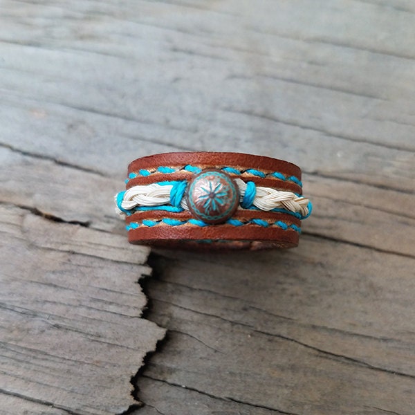 Horsehair and Leather Ring with Turquoise Thread - Boho Accessory - Horse Hair Ring - Leather Ring - Horse Hair Jewelry - Horsehair Keepsake