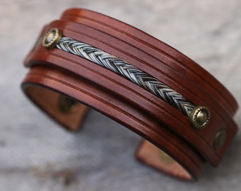 Horse Hair and Leather Cuff - Braided Horsehair Inlay Leather Bracelet - Horsehair Bracelet - Horse Hair Bracelet - Horsehair Jewelry