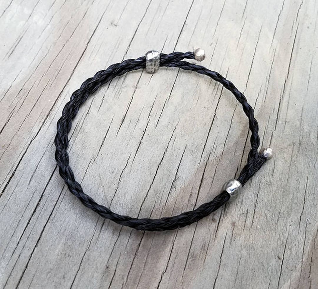 Adjustable Horse Hair Bracelet With Silver Plated Beads Braided