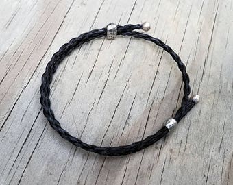 Adjustable Horse Hair Bracelet with Silver Plated Beads - Braided Horsehair - Cowboy Bohemian Inspired Boho Chic