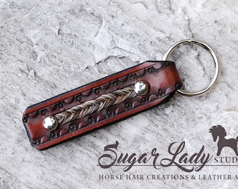 Horsehair Keychain In Leather Key Fob with Inlay Horse Hair - Leather Key Chain