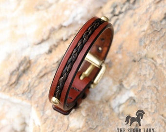 Horse Hair Leather Bracelet with Solid Brass Buckle - 1/2" Horsehair Cuff