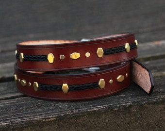 Horse Hair and Leather Belt With Solid Brass Accents and Antique Brass Buckle - Braided Horsehair