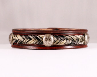 Horse Hair and Leather Bracelet - Hand Stamped Design with Braided Horsehair