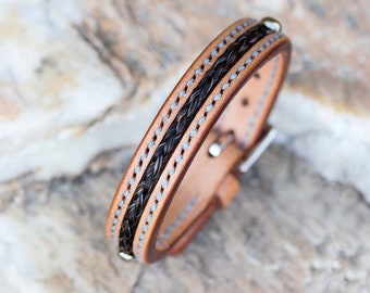 Horse Hair Leather Bracelet - Hand Stitched - Horsehair Cuff - Horsehair Bracelet - Horsehair Jewelry - Horsehair and Leather